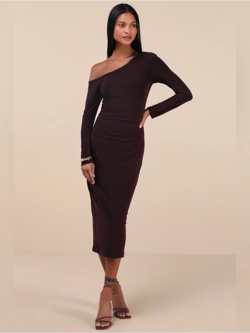 Lulu's One-Shoulder Long-Sleeve Chocolate Brown Midi Dress